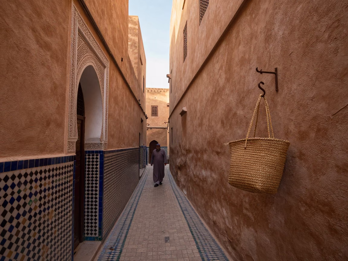 Narrow Alleyway in Fez at The Early Morning Light in in Fez, Morocco
