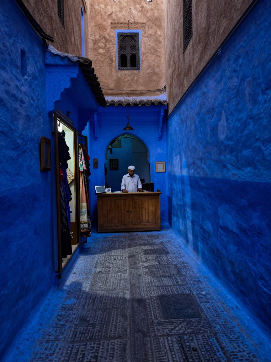 Narrow Alleyway in Fez at The Last Blue Light Of Evening in in Fez, Morocco