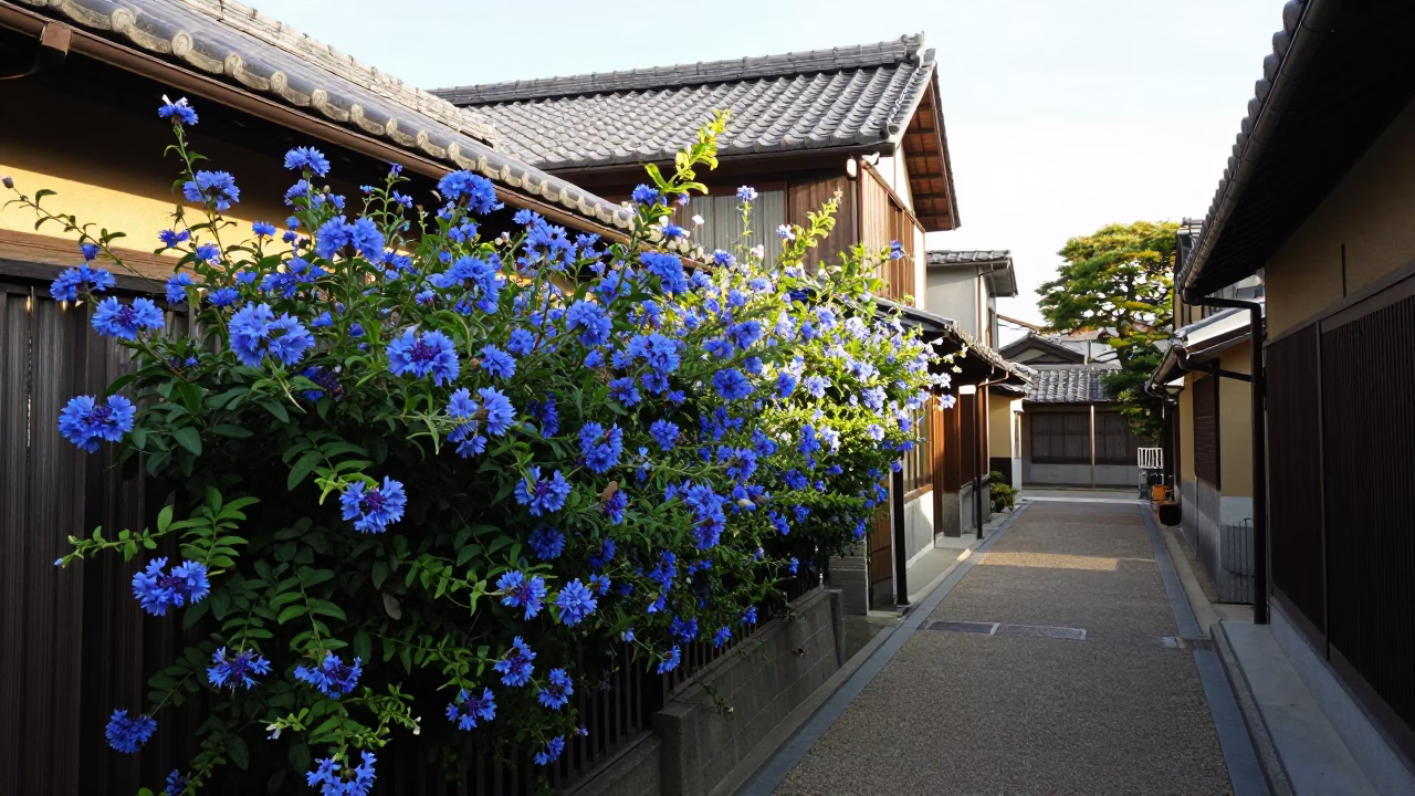 Narrow Alleyway in Osaka Japan with Blue Plumbago Hedge and Traditional Architecture in in Osaka, Japan