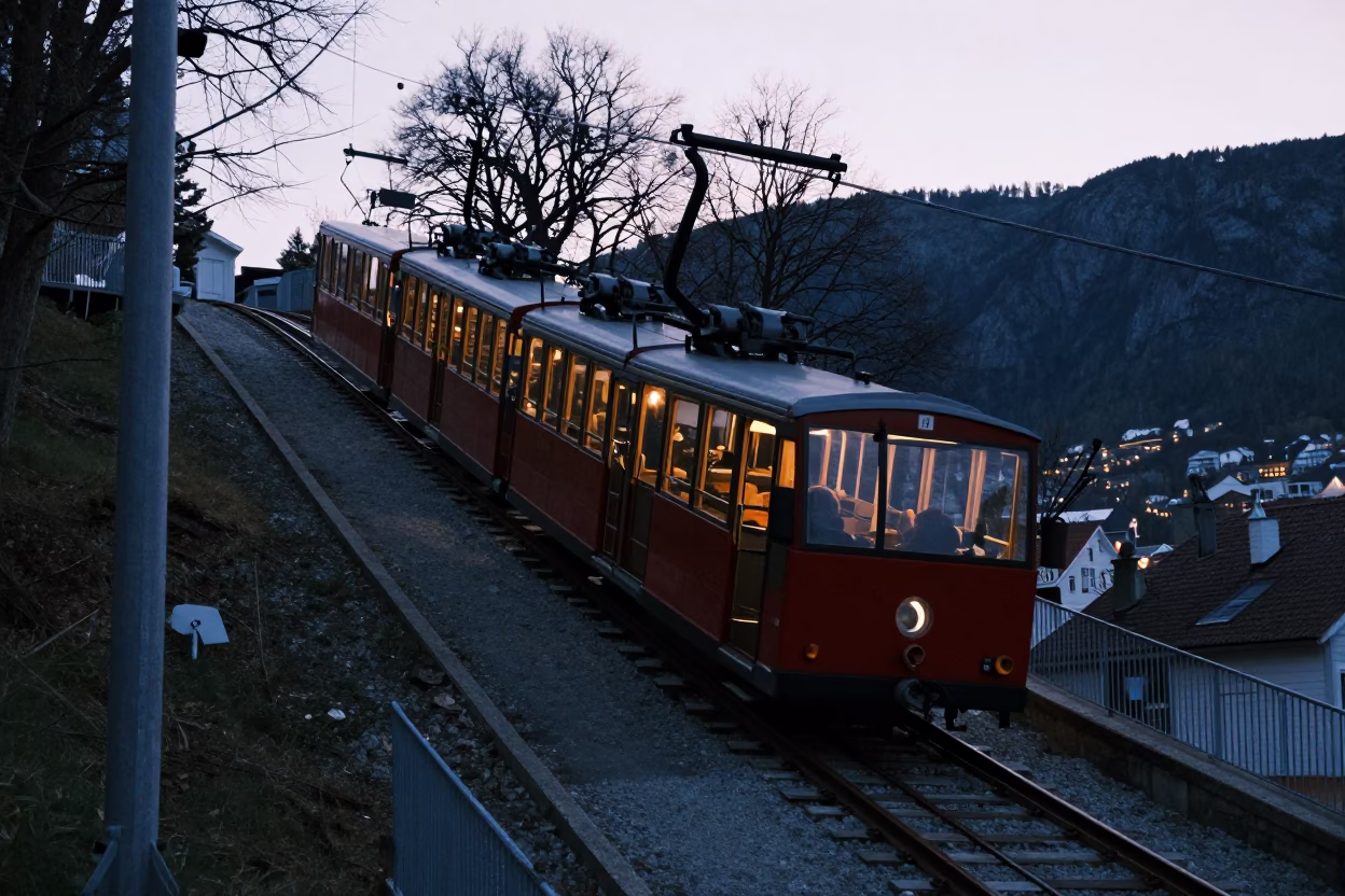 Narrow Gauge Fløibanen Funicular at Nautical Dawn in Bergen Norway in in Bergen, Norway