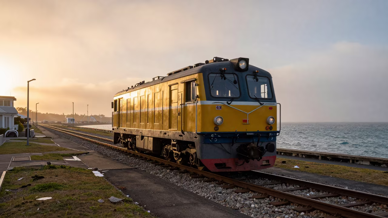 Narrow Gauge Railcar in Foggy Nassau Snow in beside a fogbound harbor mouth near Nassau