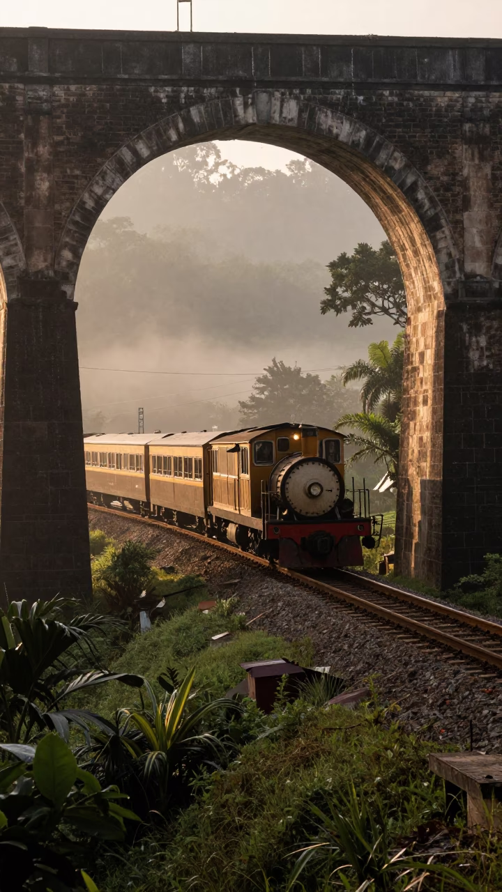 Narrow Gauge Train at Nautical Dawn in Yogyakarta Indonesia with Stone Undercroft in in Yogyakarta, Indonesia