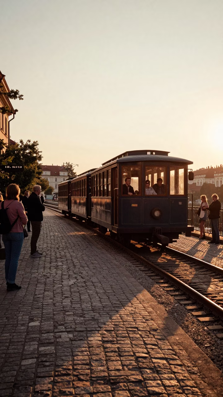 Narrow Gauge Train Carriages in Prague Evening Light in in Prague, Czech Republic