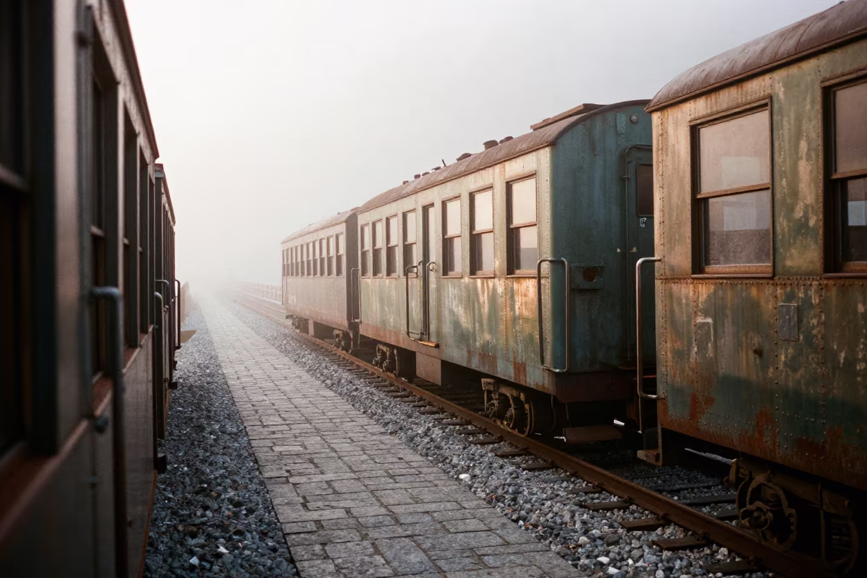 Narrow Gauge Train on Misty Austrian Mountain Causeway in on a wind-open causeway in Austria