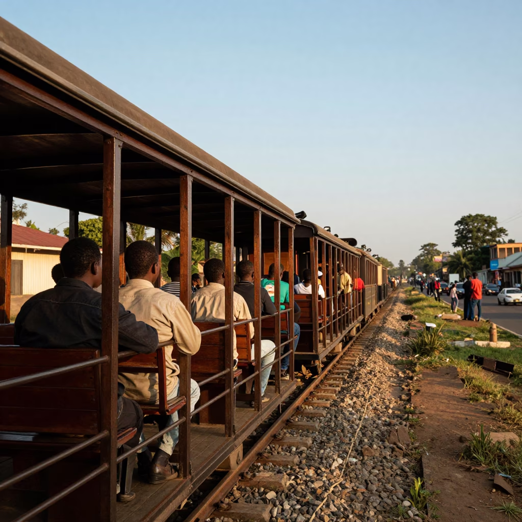 Narrow Gauge Train Open Air Carriages Late Afternoon Nairobi Kenya Street Scene in in Nairobi, Kenya