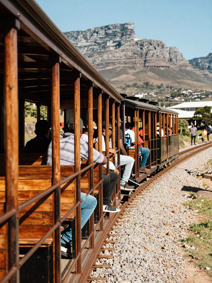Narrow Gauge Train With Open Air Carriages Passing Through Cape Town Midmorning in in Cape Town, South Africa