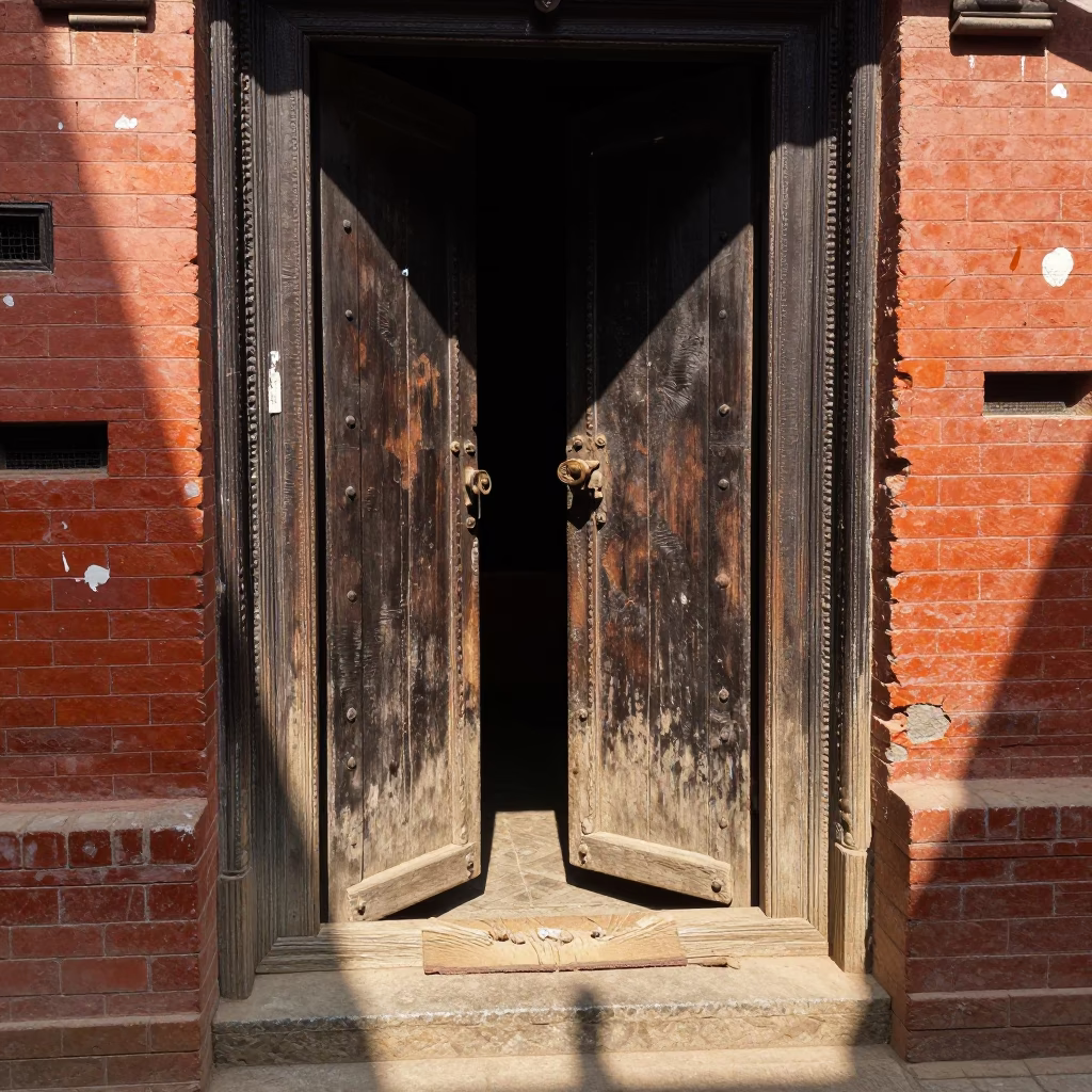 Narrow Kathmandu Alleyway Noon Light with Weathered Doorframe and Traditional Doormat in in Kathmandu, Nepal