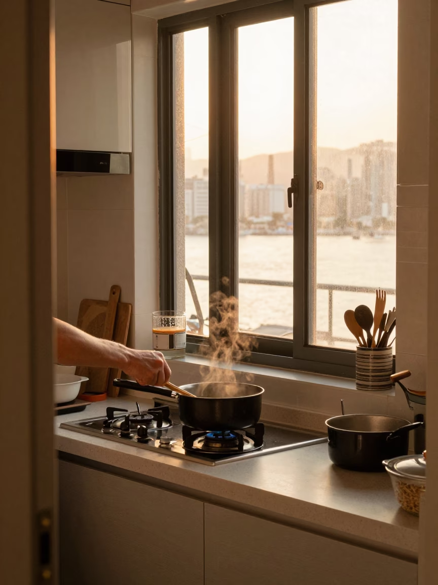 Narrow Kitchen in Hong Kong at Golden Hour in in Hong Kong, Hong Kong