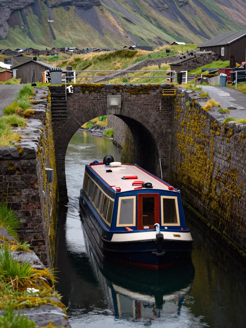 Narrowboat in Iceland Brick Tunnel in along a switchback approach in Iceland