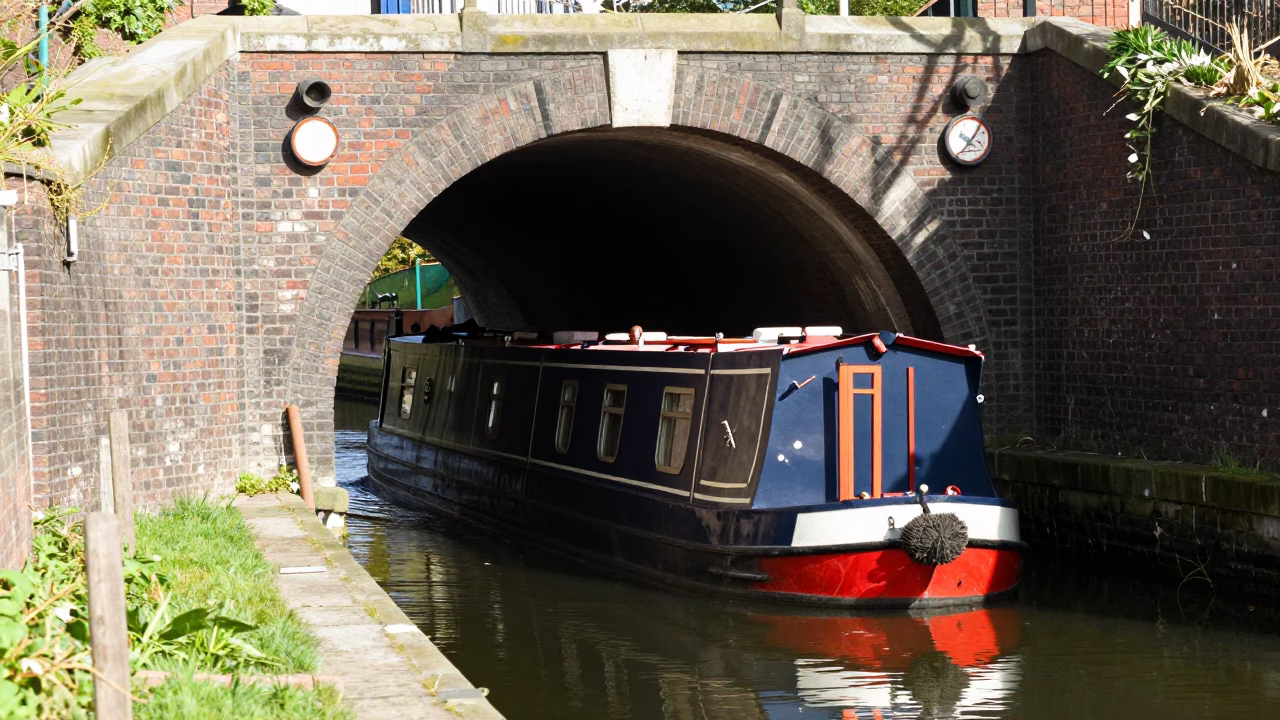 Narrowboat Passing Through Brick Canal Tunnel in Liverpool During Bright Midmorning Light in in Liverpool, United Kingdom