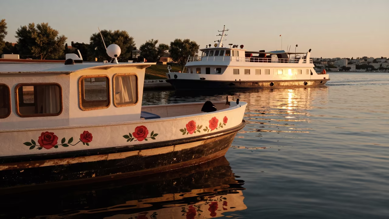 Narrowboat with Roses on Marseille Ferry Crossing in across a remote ferry crossing near Marseille