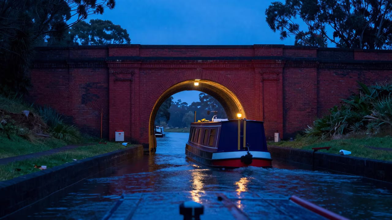 Narrowboat Tunnel Passage Predawn Australia in on a wind-open causeway in Australia