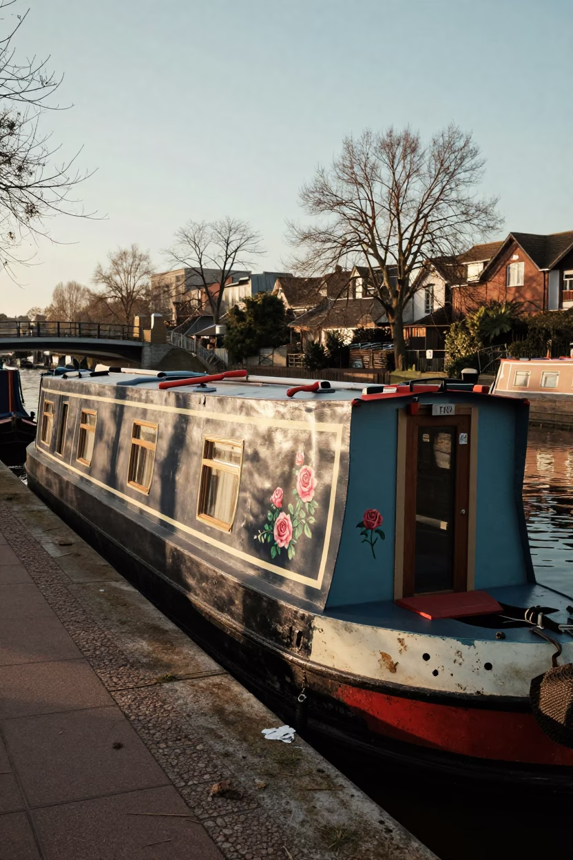 Narrowboat with Painted Roses Moored on Regent's Canal at Nautical Dawn in London in in London, United Kingdom