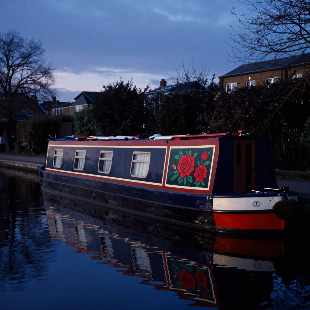 Narrowboat with Painted Roses on Canal at Indigo Twilight in London UK in in London, United Kingdom