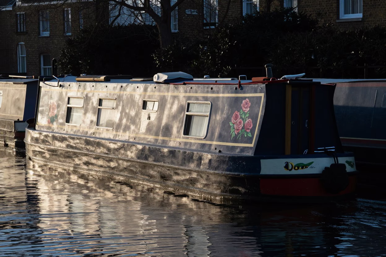 Narrowboat with Roses Painted on Hull at Nautical Dawn in London Canals in in London, United Kingdom