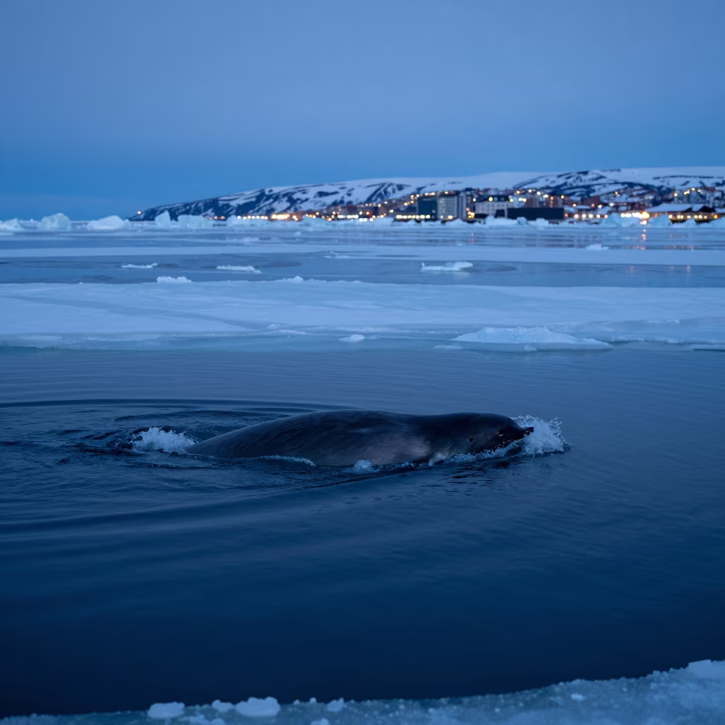 Narwhal Breaching Arctic Ice Near Iqaluit in near Iqaluit