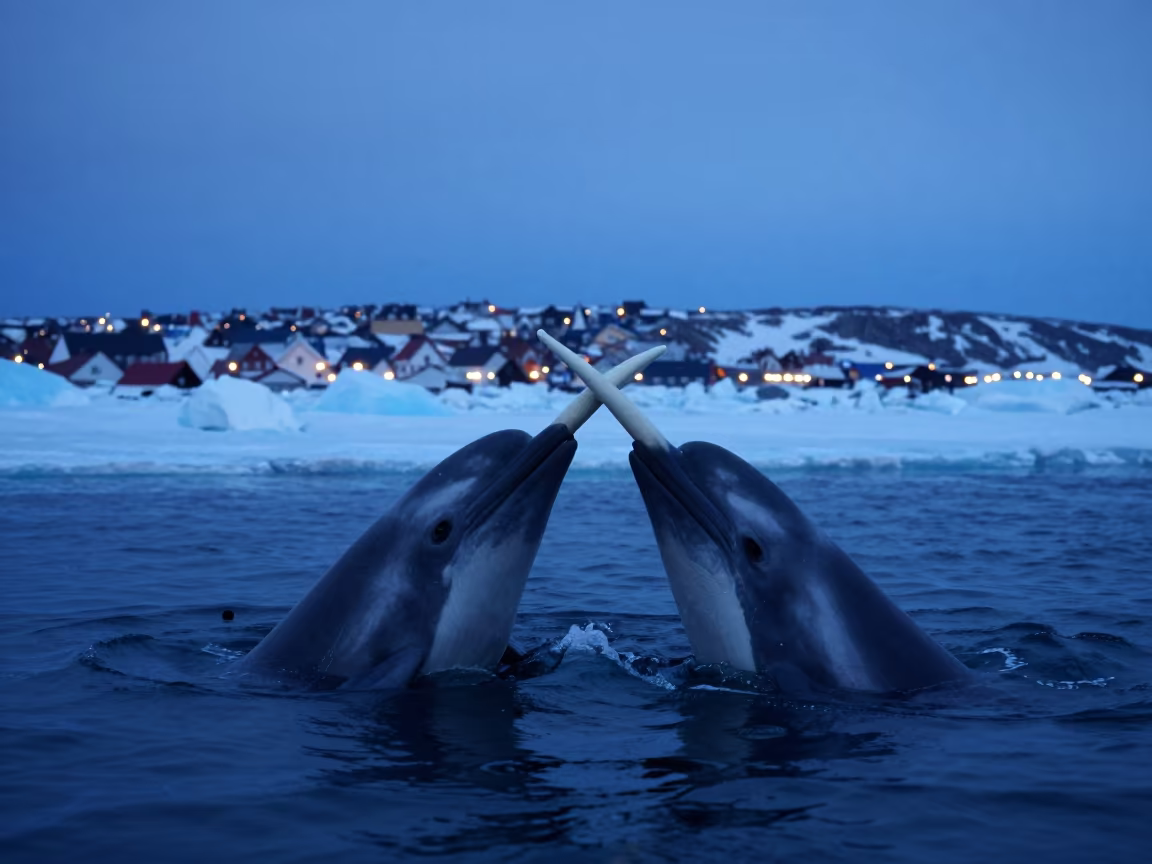 Narwhal Crossing Tusks Beneath Canadian Ice in in Canada
