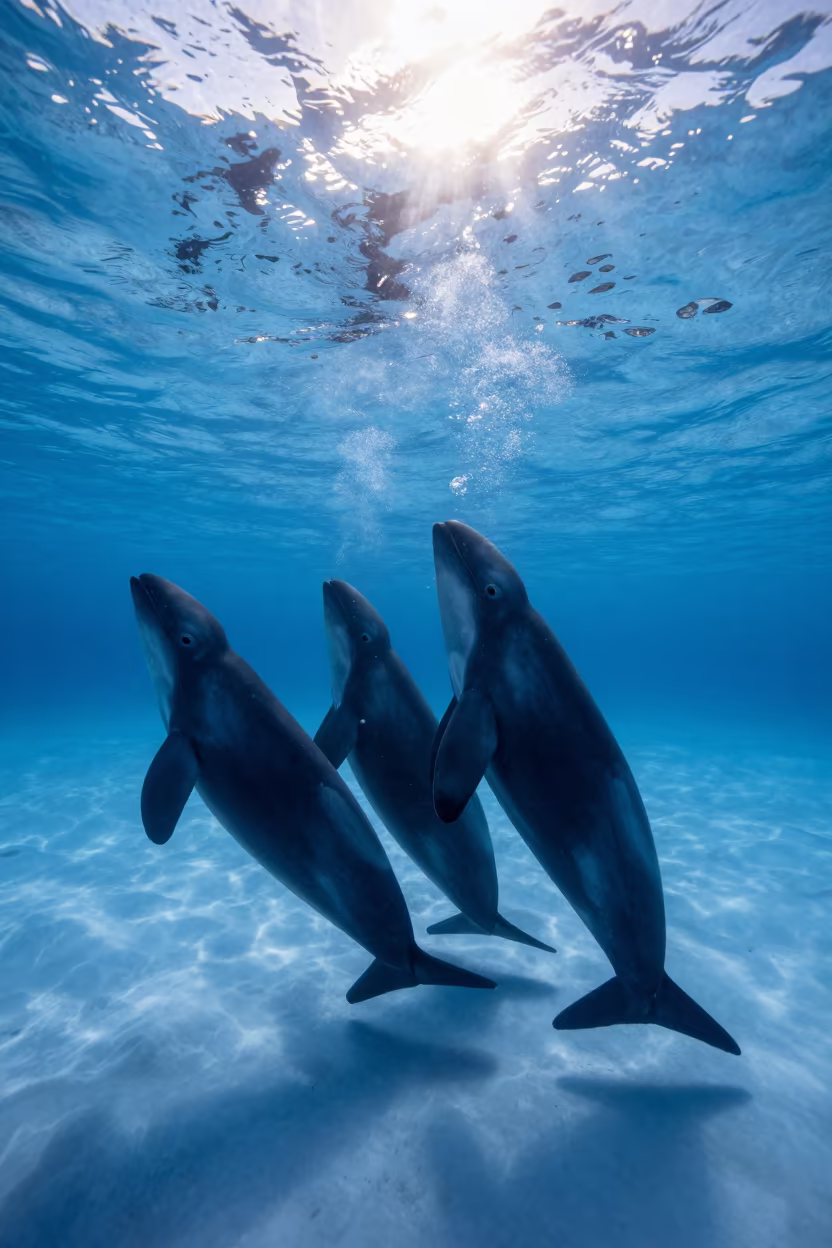 Narwhal Pod Beneath Arctic Ice Near Nuuk in beneath a pressure-ridged sheet of sea ice near Nuuk