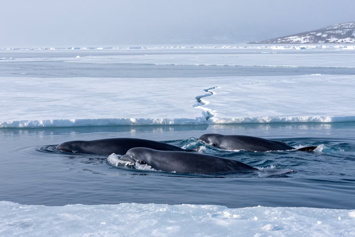 Narwhal Pod Surfacing Through Arctic Ice Channel in along an ice-scoured channel near Tromsø