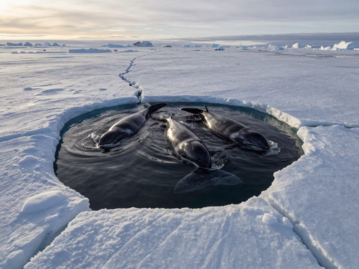 Narwhal Pod Surfacing Through Arctic Ice in along an ice-scoured channel in Greenland