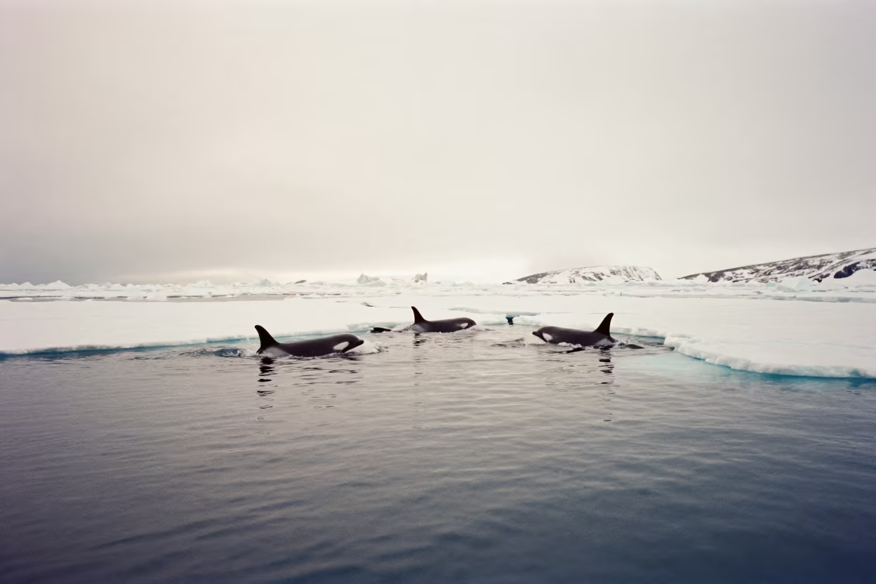 Narwhal Pod Surfacing Through Arctic Ice Crack in through dark polar water below fractured ice near Tromsø