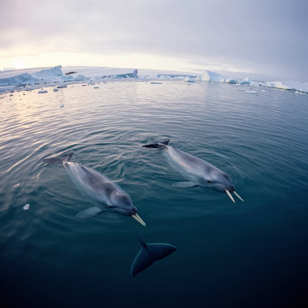 Narwhal Pod Swimming Arctic Dawn in along an ice-scoured channel in Norway