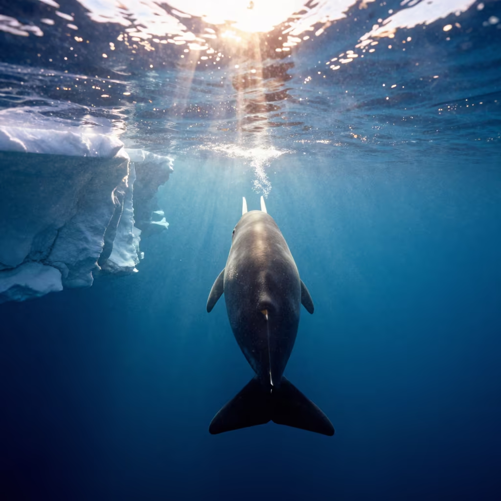 Narwhal Pod Swimming Arctic Ice Channel in along an ice-scoured channel near Nuuk