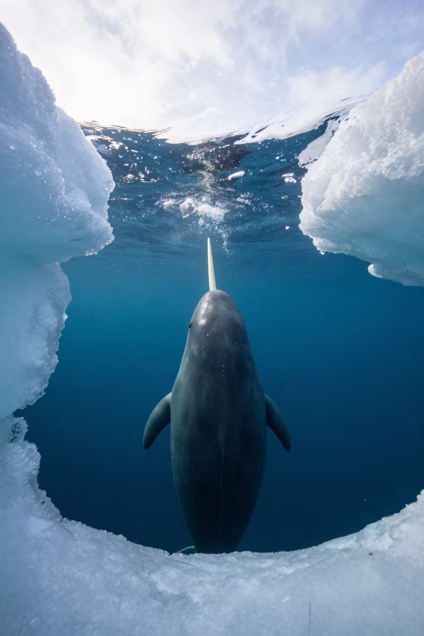 Narwhal Surfacing Through Arctic Ice Channel in along an ice-scoured channel near Nuuk