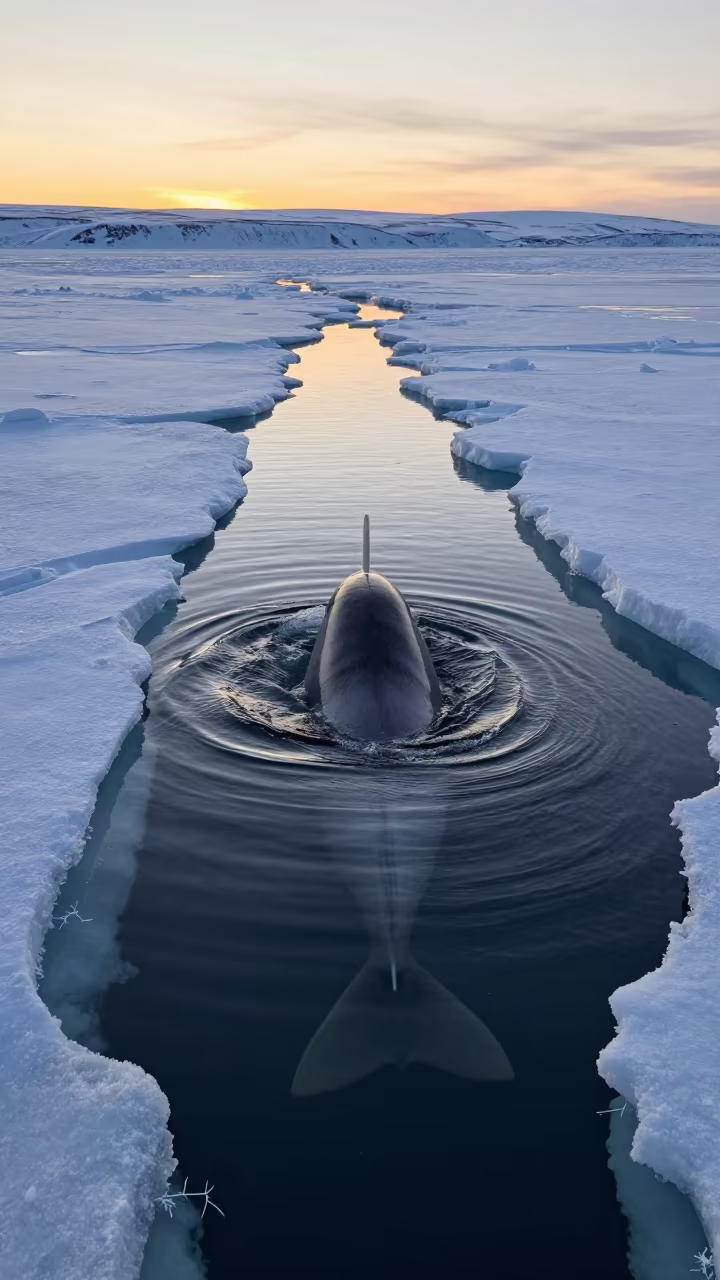Narwhal Surfacing Through Arctic Ice at Dawn in along an ice-scoured channel near Iqaluit