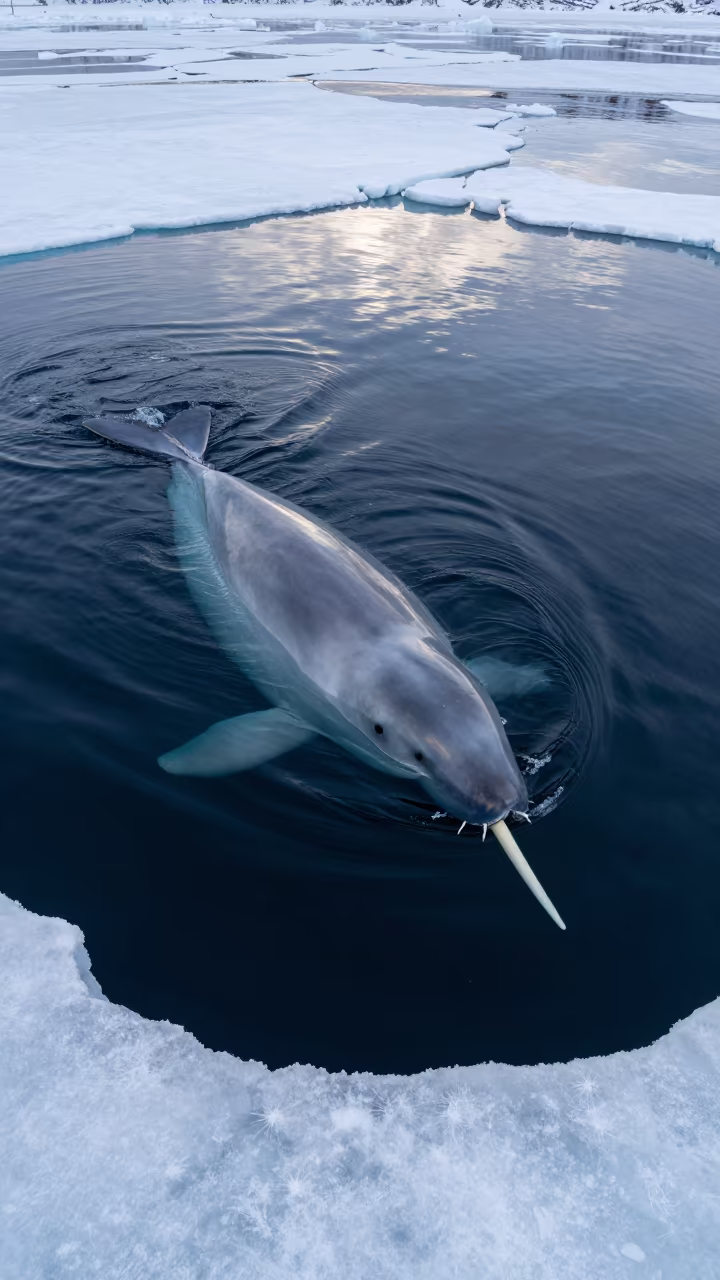Narwhal Surfacing Through Arctic Ice Near Nuuk in through dark polar water below fractured ice near Nuuk