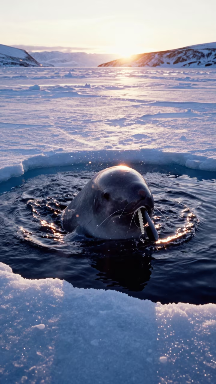 Narwhal Surfacing Through Arctic Ice in beneath a pressure-ridged sheet of sea ice near Tromsø