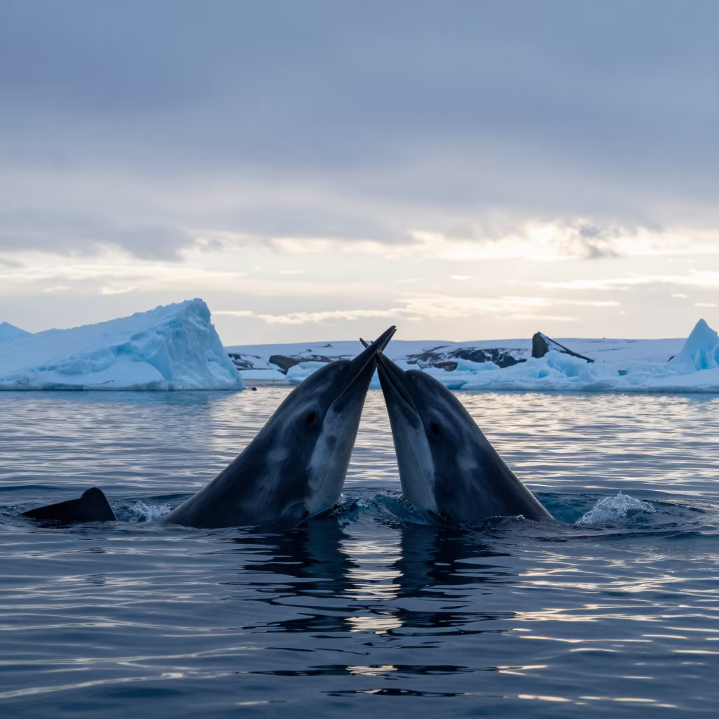Narwhals Crossing Tusks Beneath Arctic Ice in along an ice-scoured channel near Nuuk