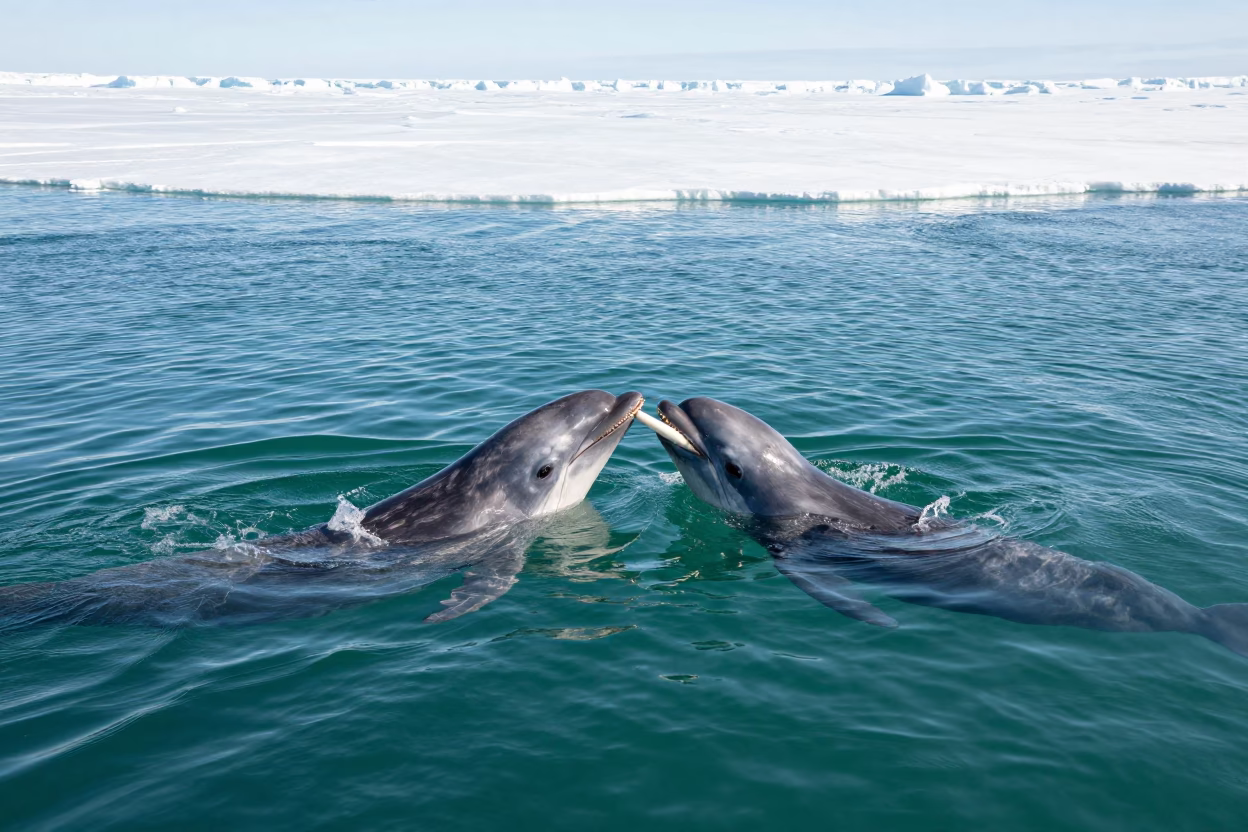 Narwhals Crossing Tusks Beneath Canadian Sea Ice in beneath a pressure-ridged sheet of sea ice in Canada
