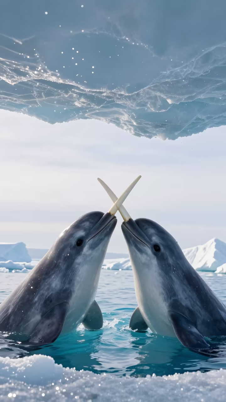 Two Narwhals Crossing Tusks Under Arctic Ice in along an ice-scoured channel in Greenland