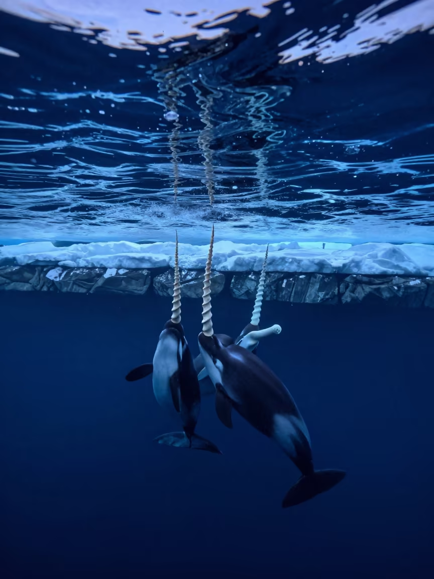 Narwhals Swimming Under Winter Ice Norway in above a rock shelf sealed under winter ice in Norway