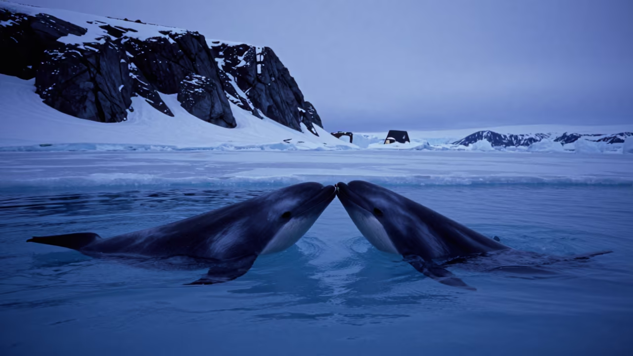 Narwhals Tusk Crossing Beneath Arctic Ice in above a rock shelf sealed under winter ice near Nuuk