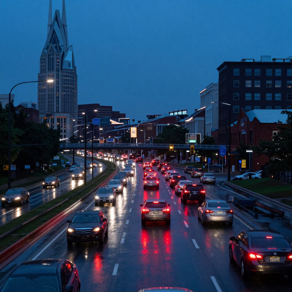Nashville Blue Hour Overpass Interchange Glowing Taillights After Rain in in Nashville, Tennessee, United States