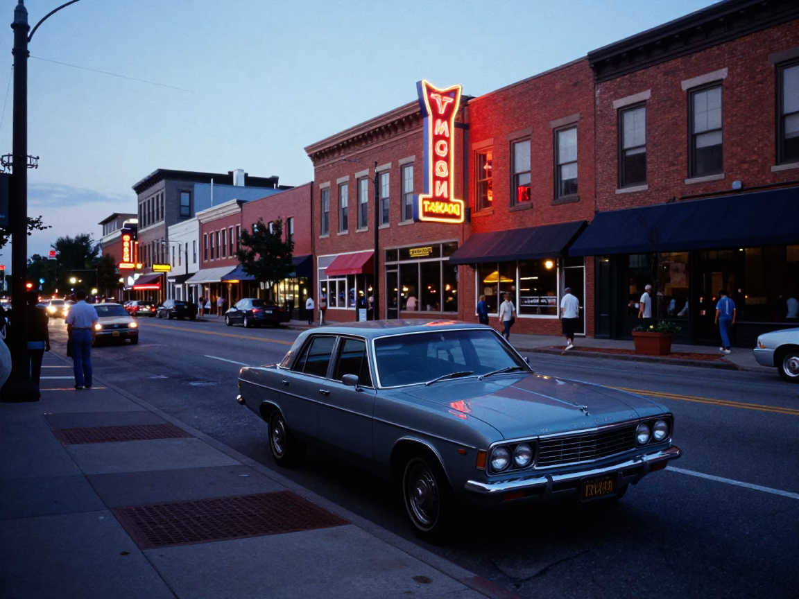 Nashville Blue Hour Street Scene with Vintage Car and Neon Sign Reflections in in Nashville, Tennessee, United States