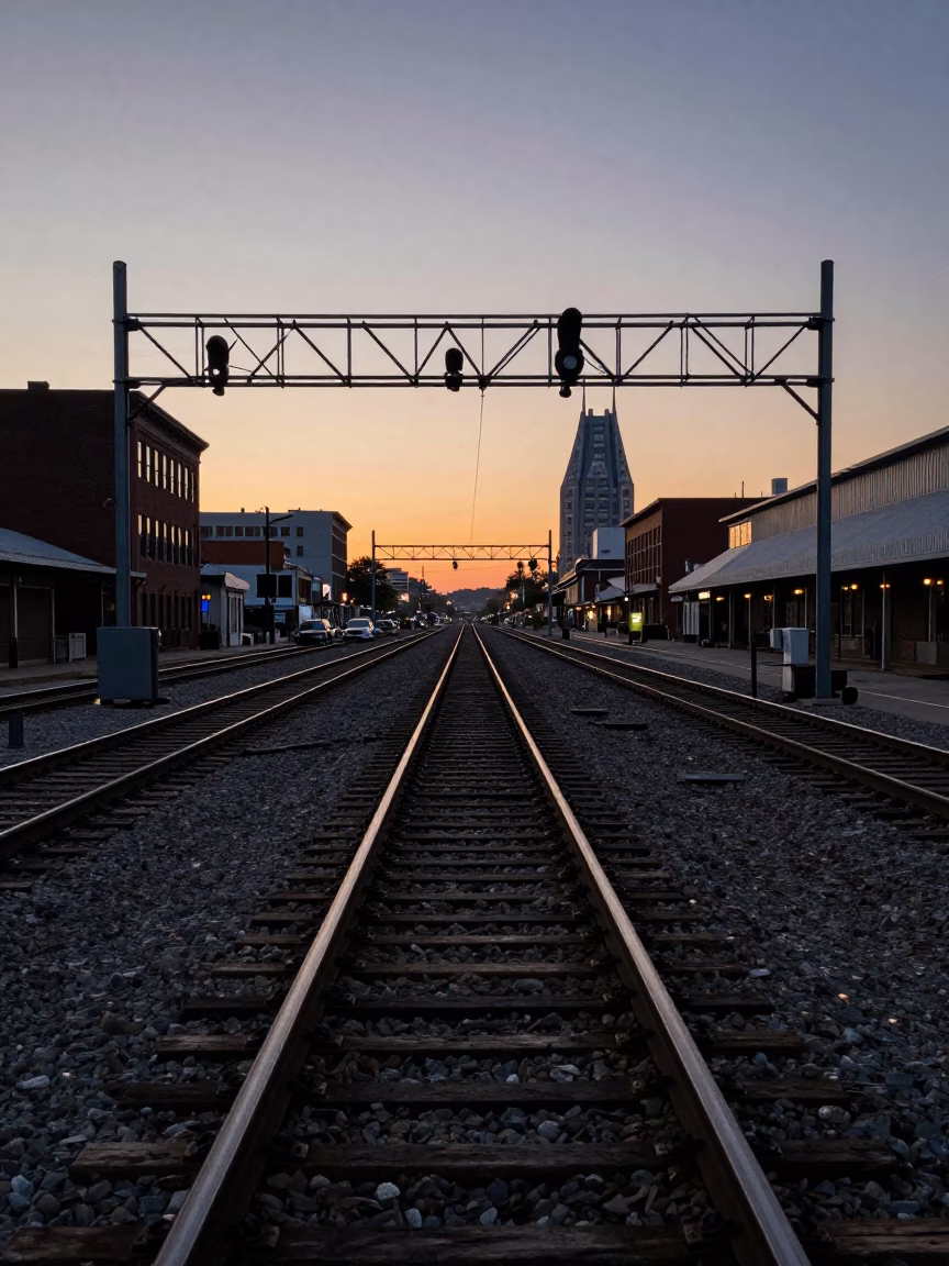 Nashville Rail Tracks at The Still Hours Before Dawn Light in in Nashville, Tennessee, United States