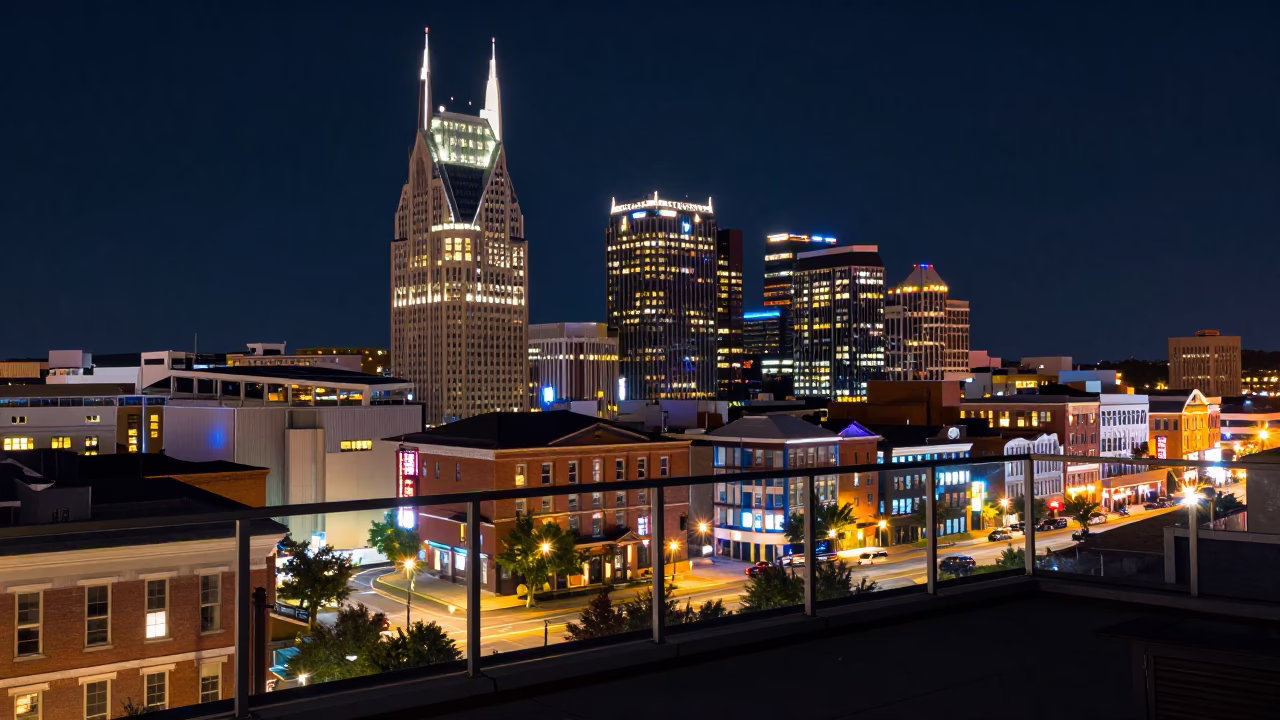 Nashville Rooftop Balcony at Late At Night Light in in Nashville, Tennessee, United States