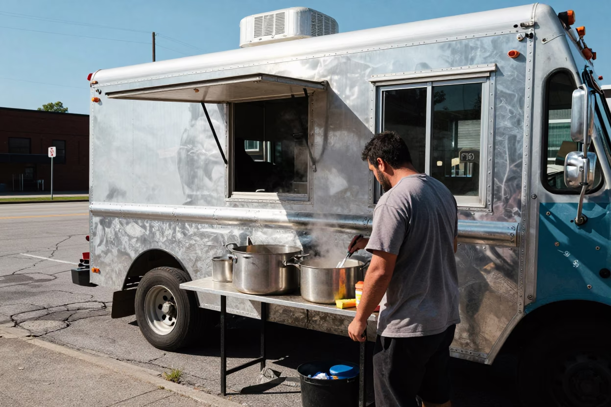 Nashville street vendor serving hot soup under harsh noon sun in in Nashville, Tennessee, United States