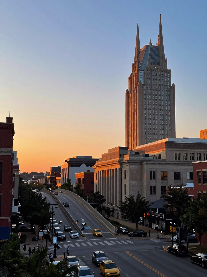 Nashville Sunset Overpass Ramp and Brutalist University Tower in Tennessee in in Nashville, Tennessee, United States