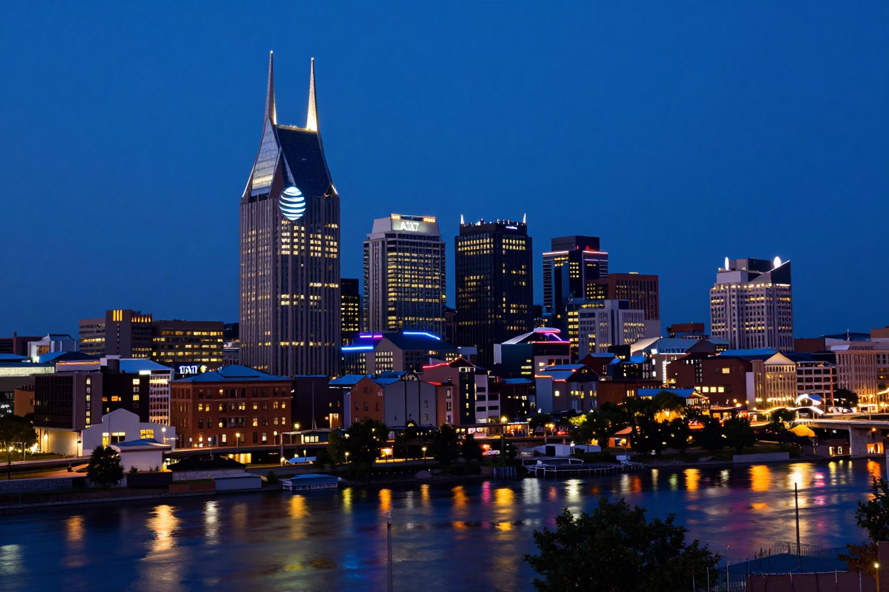 Nashville Tennessee Blue Hour Cityscape Skyline with Neon Reflections in in Nashville, Tennessee, United States