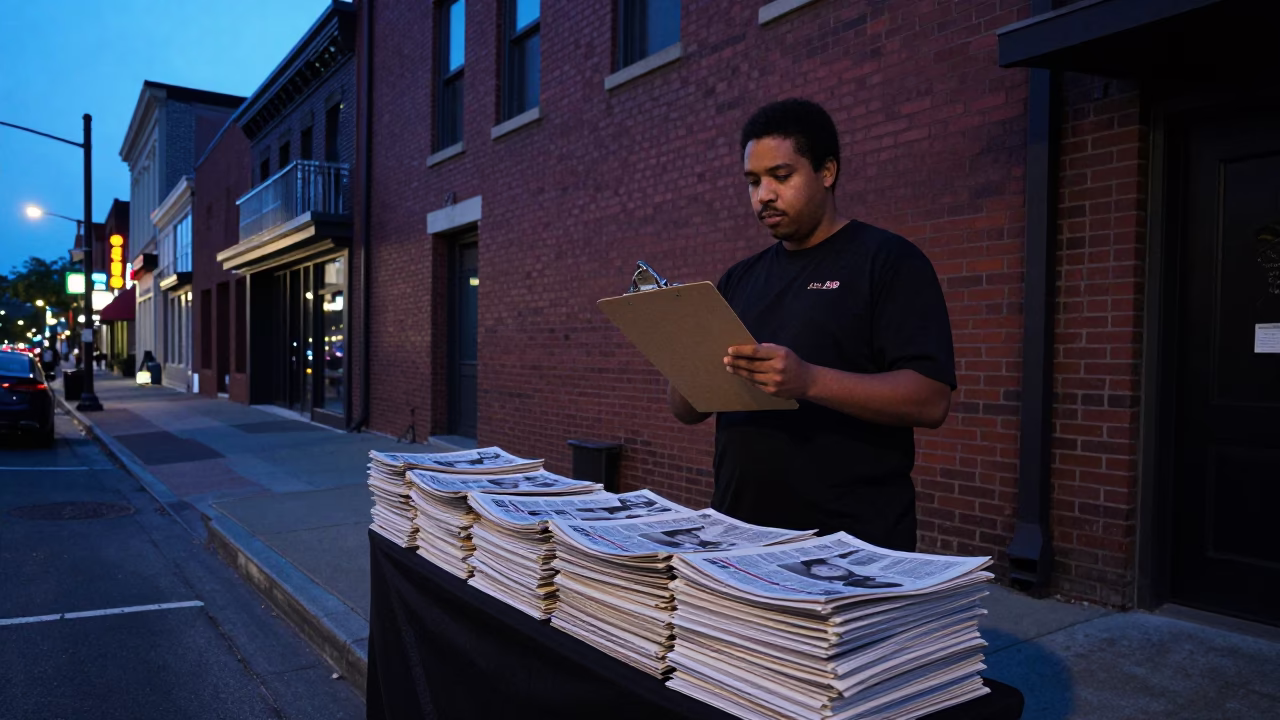 Nashville Tennessee Blue Hour Street Scene with Clipboard and Newspaper Stack in in Nashville, Tennessee, United States