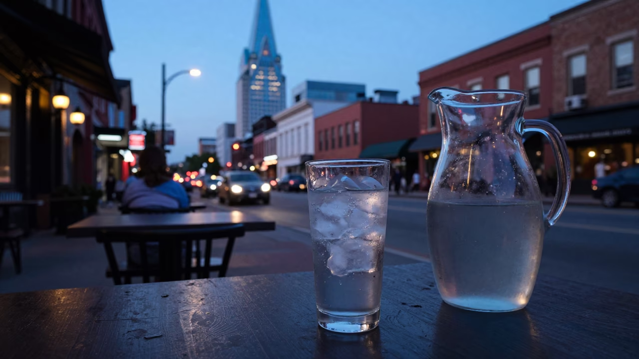 Nashville Tennessee Blue Hour Street Scene with Glass Tumbler and Cooler Jug in in Nashville, Tennessee, United States