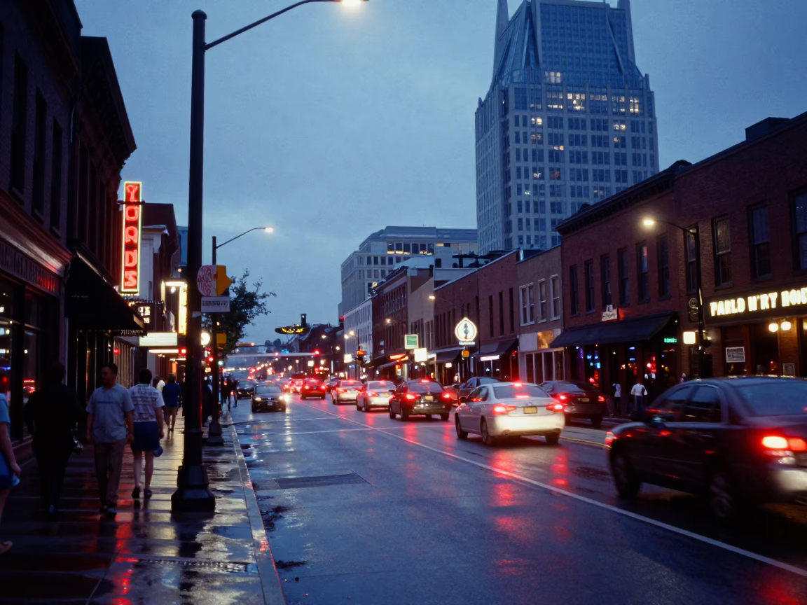 Nashville Tennessee Blue Hour Street Scene with Neon Lights and City Traffic in in Nashville, Tennessee, United States