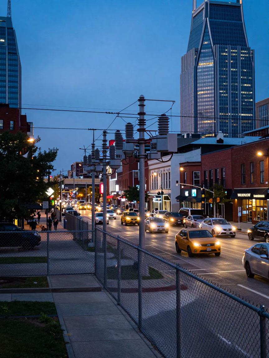 Nashville Tennessee Blue Hour Street Scene With Substation Fence And Overpass Traffic Streaks in in Nashville, Tennessee, United States