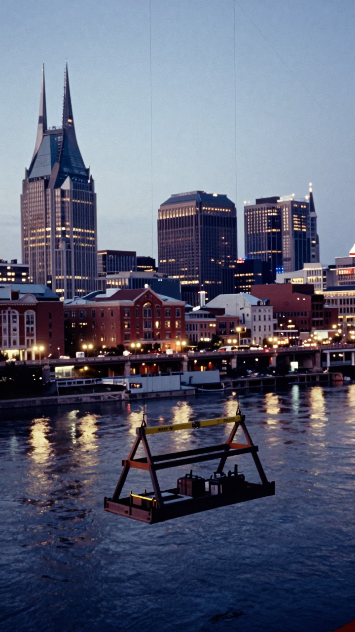 Nashville Tennessee City Lights Glow Over Bridge Maintenance Cradle at Dusk in in Nashville, Tennessee, United States