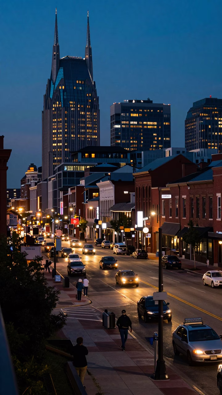 Nashville Tennessee City Lights Glow Over Busy Street Scene with Vintage 1970s Aesthetic in in Nashville, Tennessee, United States