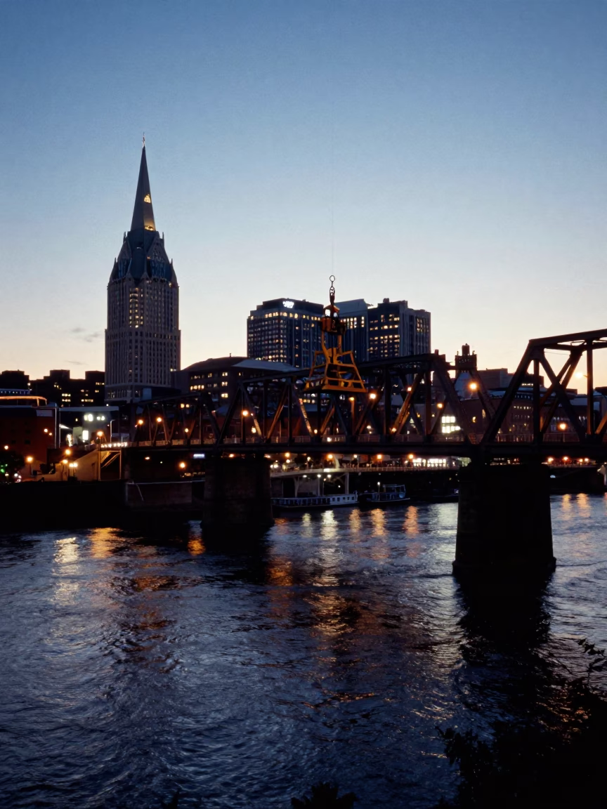 Nashville Tennessee City Lights Glow Over Historic Bridge Maintenance Cradle at Dusk in in Nashville, Tennessee, United States